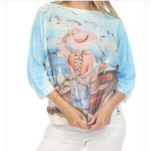 Flora Ashley Beautiful Scene with Woman Seagulls and Boat Size XS. Made in Italy